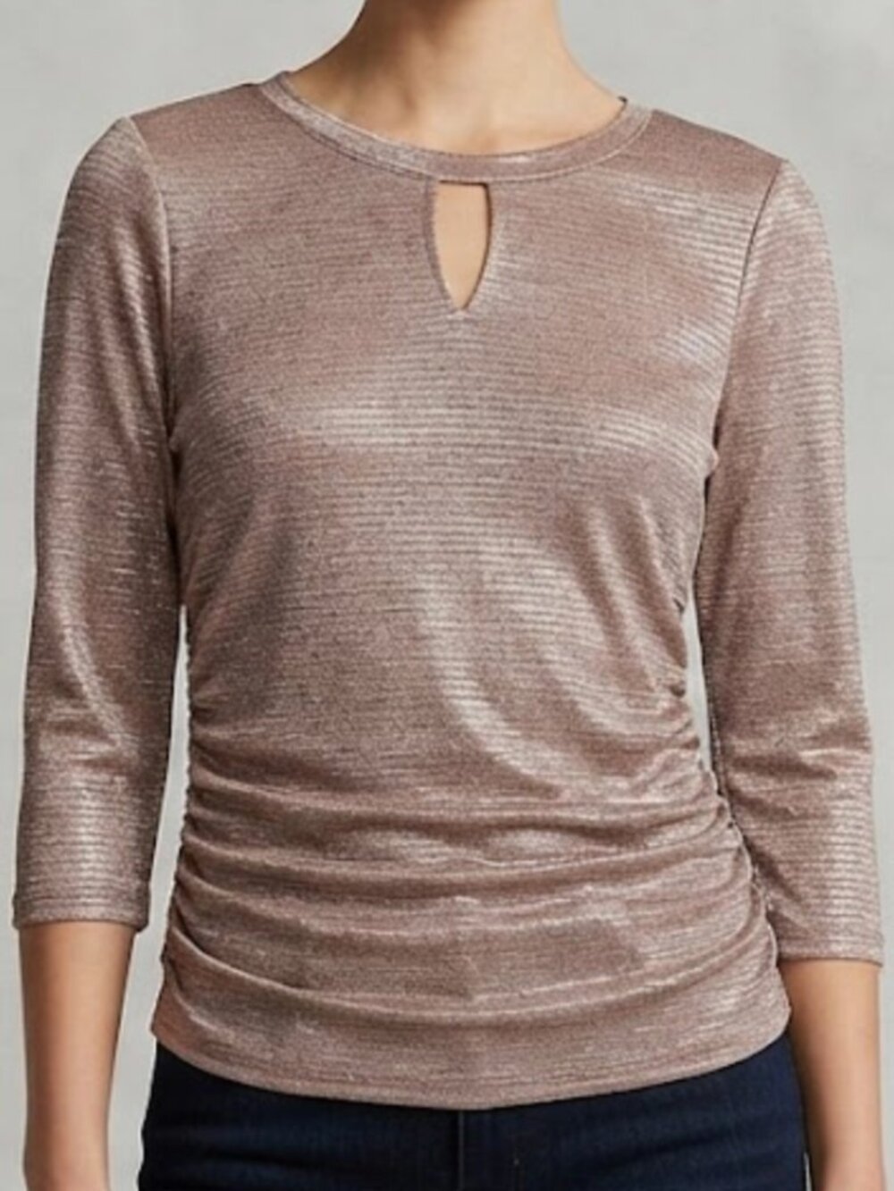 By & By Bronze Shimmery Metallic Ruched 3/4 Sleeve Keyhole Top, Size M